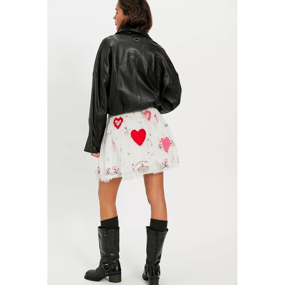 NWT!! FREE PEOPLE The Sketchbook Skirt Tulle Embroidered Mini Hearts White Large - Picture 8 of 16